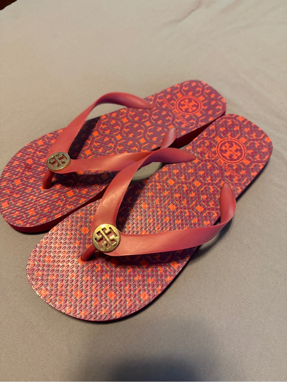 Tory Burch Coral Red Logo Pattern Flip Flops